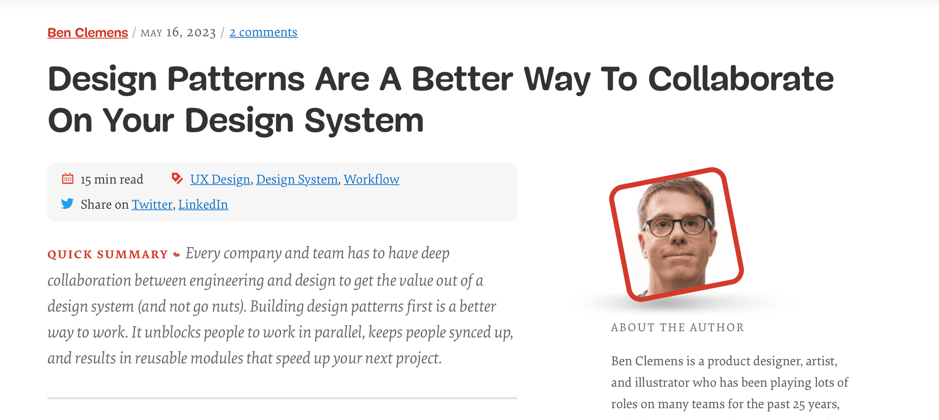 Smashing Magazine article — Design Patterns Are A Better Way To Collaborate On Your Design System